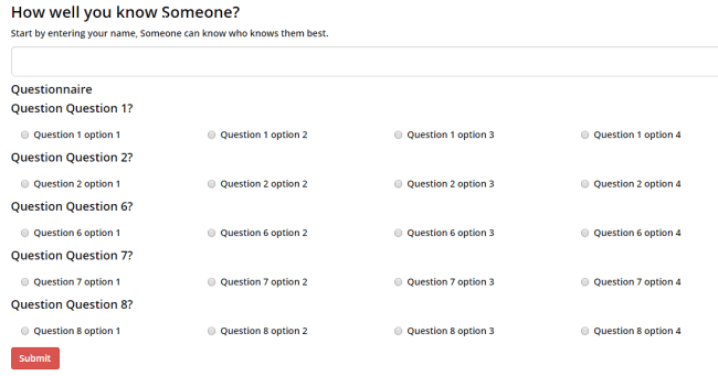 Questionnaire to be filled, with autogenerated questions and options