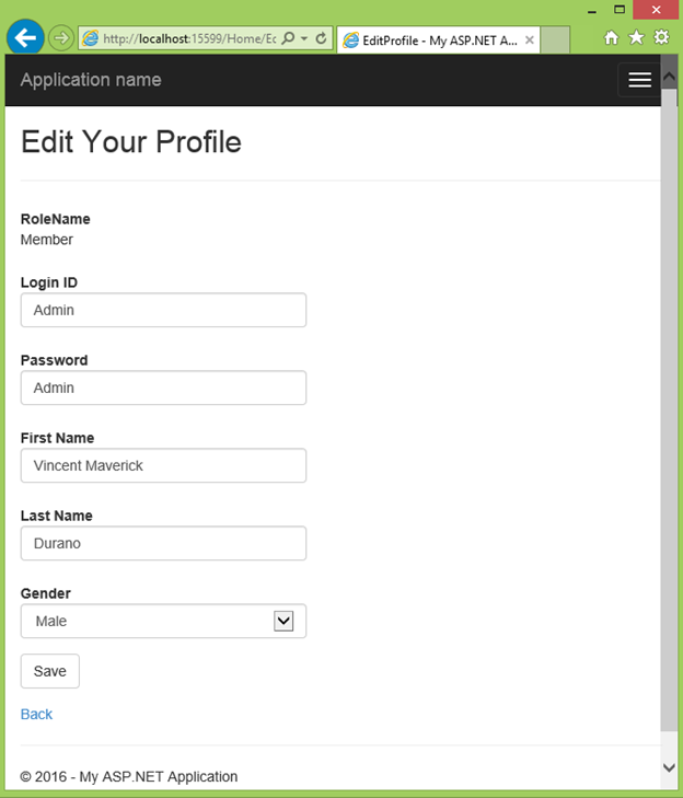 Edit Profile page