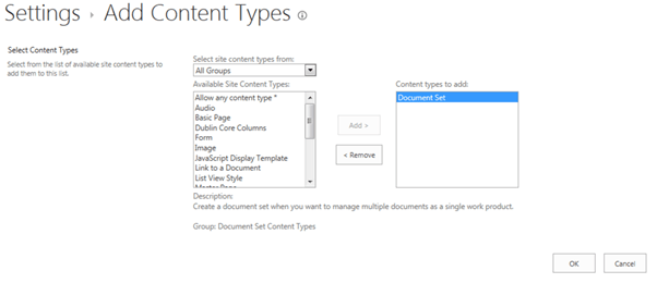 Introduction In this article I would like to explain how to create Document Set In Document Library Using JSOM. A Document Set is a group of related documents that can be created in one step and then managed as a single entity. Source Code: $(document).ready(function() { createDocumentSet(); }); functioncreateDocumentSet() { varclientContext = new SP.ClientContext.get_current(); oWeb = clientContext.get_web(); varoList = oWeb.get_lists().getByTitle("TestLibrary"); clientContext.load(oList); varLibraryFolder = oList.get_rootFolder(); clientContext.load(LibraryFolder); vardocumentSetContentTypeID = "0x0120D520"; vardocumentSetContentType = clientContext.get_site().get_rootWeb().get_contentTypes().getById(documentSetContentTypeID); clientContext.load(documentSetContentType); clientContext.executeQueryAsync(QuerySuccess, QueryFailure); } functionQuerySuccess() { vardocumentSetName = "DocumentSetName"; SP.DocumentSet.DocumentSet.create(clientContext, oLibraryFolder, documentSetName, documentSetContentType.get_id()); clientContext.executeQueryAsync(Success, Failure); } functionQueryFailure() { console.log('Request failed - ' + args.get_message()); } function Success() { console.log('DocumentSet Created Successfully.'); } function Failure(sender, args) { console.log('Request failed - ' + args.get_message()); } Activate Document Set Feature We need to activate it before you can create or configure new Document Set content types. Go to the top-level site in the site collection for which you want to enable Document Sets. Site Actions menu-- />click Site Settings. Site Collection Administration? Site collection features. Find Document Sets in the list, and then click Activate. Add Document Set as a Content Type to your Document Library Go to Document Settings and change the Advanced Settings to: Allow management of content types Then Goto the Settings?add from existing site content types and find the Document Set content type. Select Document Set and click Add: Go to your Document library and select New Document -> Document Set from the drop-down list, Here we will see how to create a Document Set programmatically using csom,
