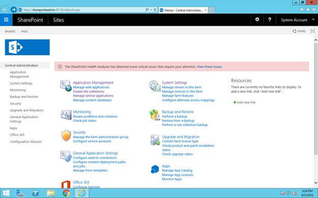 Open Sharepoint central administration