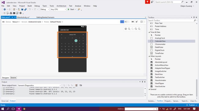 you will trag and trop the calenderview tool control in your main.axml page whatever. 