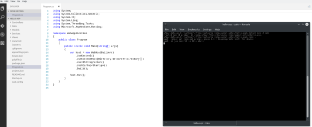Visual Studio Code showing the default ASP.NET directory as a project