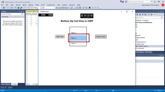 int itemno; public MainPage() { this.InitializeComponent(); Additem(); } private void Additem() { LBBottomlist.Items.Add("Item " + (++itemno)); } private void Delitem() { int selectedIndex = LBBottomlist.SelectedIndex; LBBottomlist.Items.Remove(LBBottomlist.SelectedItem); if (selectedIndex < LBBottomlist.Items.Count) { LBBottomlist.SelectedIndex = selectedIndex; } }