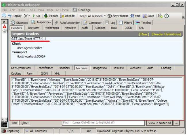 Testing Event Controller API in Fiddler 