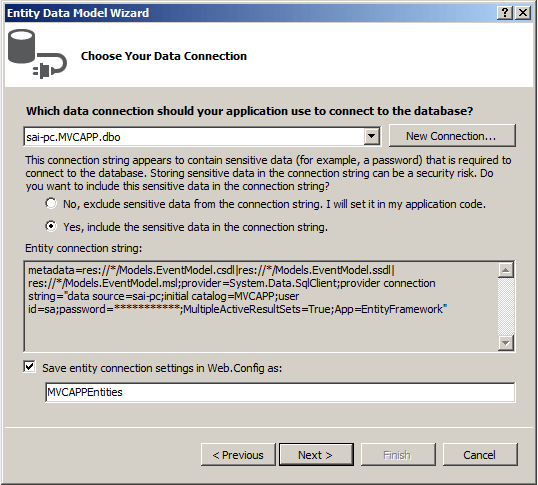 Choosing your data connection for adding in Web.config file