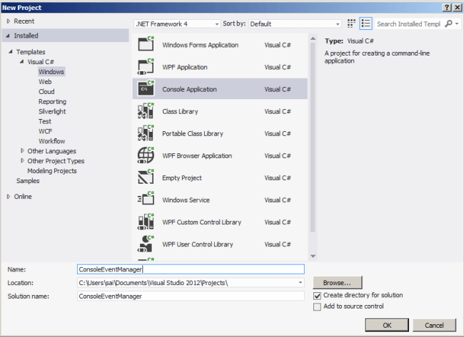 Creating Console application and naming it
