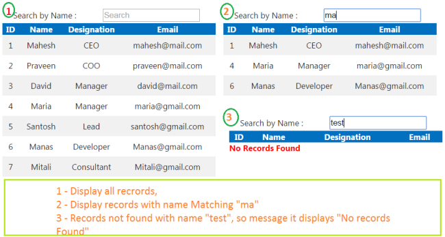 Displays records based on search by name