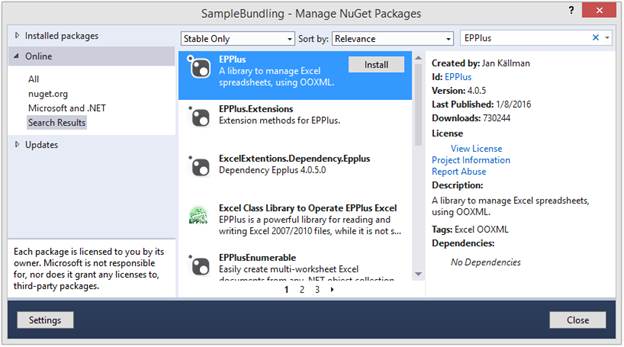 Install EPPlus nuget