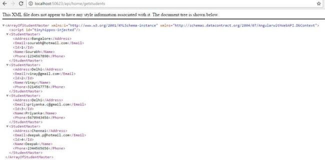 usingAngularwithWebAPI.DbContext; using System; usingSystem.Collections.Generic; usingSystem.Linq; usingSystem.Web; usingSystem.Web.Http; // This namespace is responsible for IHttpActionResult usingSystem.Web.Mvc;  namespaceAngularwithWebAPI.Controllers {     publicclassHomeController: ApiController {         DbContext.StudentEntitiesstudentEntities = newDbContext.StudentEntities();         publicIHttpActionResultGetStudents() {             var query = studentEntities.StudentMasters.ToList();             return Ok(query);         }     } }