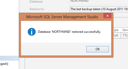 database northwnd restored successfully