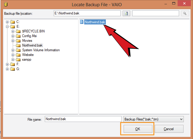 locate backup file window