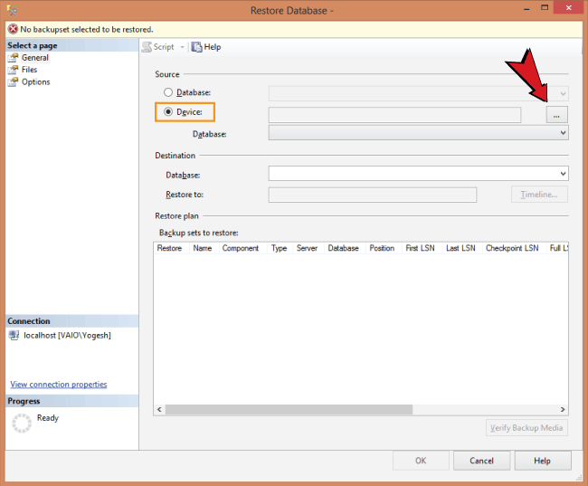 restore database window