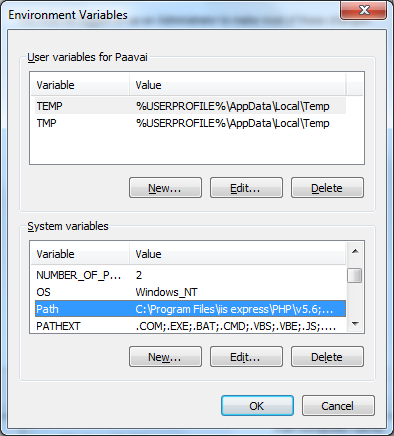 Environment Variable window