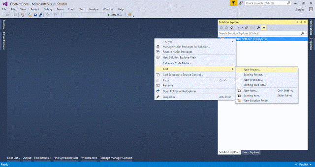 Let’s create our first .NET Core Console Application. We assume that we already have Visual Studio 2015 Update 3 and .NET Core 1.0.0 - VS 2015 Tooling Preview 2. If you have not installed .NET Core yet then I may recommend you to follow our initial discussion How to install .NET Core 1.0. Alternatively you can follow Microsoft Official Site directly. Create a new Solution We are going to create a new solution. If we don't perform this task then Visual Studio aromatically creates a solution for a project. Open Visual Studio 2015. Open New Project Screen through menu File />> New >> Project. Select Blank Solution through Installed >> Templates >> Other Projects >> Visual Studio Solutions. Name solution as “DotNetCore”. Set suitable location as “C:\ASP.NET Core\Welcome To .NET Core 1.0\”. Click OK Button. It will create a new solution. Create new Console Application .NET Core We are going to add a new Console Application. Open Add New Project Screen through Solution Context Menu >> Add >> New Project or File >> New >> Project. Select Class Console Application (.NET Core) through Installed >> Templates >> Visual C# >> .NET Core. Name project as “DotNetCore.ConsoleApplication”. Set suitable location as “C:\ASP.NET Core\Welcome To .NET Core 1.0\DotNetCore\” (selected by default to solution root). Click OK Button. Add Write greetings and ReadKey in Program.cs. o Console.WriteLine("Welcome to .NET Core Console Application"); prints message on console, o Console.ReadKey(); holds the program from termination until a key is pressed. public class Program { public static void Main(string[] args) { Console.WriteLine("Welcome to .NET Core Console Application"); Console.ReadKey(); } } Run Application in Debug Mode To run application, we can chose any of following Press F5 or Debug Menu >> Start Debugging or Start Console Application Button on Toolbar to start application in debugging mode.It will start application console in debug mode. Make project self contained and it will generate exe file which is directly executable. Please refer to Self Contained Deployment for more details. Application Deployment .NET Core allows us two methodologies for compilation and deployment as following, these methodologies can be configured and through project.json Framework Dependent Deployment Self Contained Deployment Framework Dependent Deployment Framework Dependent Deployment allows to build and run application as dll, and in this mode application is executed through dotnet.exe. In this case a single distributable is created which is executed system provided runtime components. By default, Visual Studio 2015 uses this mode. If we observe build directory, then it contains dlls and config files only. To execute application in this mode Open command line prompt or Power Shell: Go to output folder containing ConsoleApplication.NetCore.dll. In our example we have path as: C:\ASP.NET Core\Welcome To .NET Core 1.0\DotNetCore\ConsoleApplication.NetCore\bin\Debug\netcoreapp1.0. Execute command dotnet ConsoleApplication.NetCore.dll It will execute application. { "version": "1.0.0-*", "buildOptions": { "emitEntryPoint": true }, "dependencies": { "Microsoft.NETCore.App": { "type": "platform", "version": "1.0.0" } }, "frameworks": { "netcoreapp1.0": { "imports": "dnxcore50" } } } Self Contained Deployment Self Contained Deployment allows to build and distribute application as an exe, which is executable directly. In this case an OS dependent disreputable is created which is executed contains all required runtime components. We may have to do few or more configuration changes in project.json in dependencies, runtimes and others as per requirements. In our case we have to just remove "type": "platform" from dependencies and to add runtimes section. If we observe build directory, then it contains exe along with dlls and config files only. To execute application in this mode Open command line prompt or Power Shell and enter ConsoleApplication.NetCore.exe command Or directly double click ConsoleApplication.NetCore.exe in Windows Explorer. It will execute application. { "version": "1.0.0-*", "buildOptions": { "emitEntryPoint": true }, "dependencies": { "Microsoft.NETCore.App": { "version": "1.0.0" } }, "frameworks": { "netcoreapp1.0": { "imports": "dnxcore50" } }, "runtimes": { "win10-x64": {} } } Please refer to .NET Core Application Deployment for more details. Sample Source Code We have placed sample code for this session in "Welcome To .NET Core Console Application_Code.zip" and "Welcome To .NET Core Console Application_SelfContained_Code.zip" in https://aspdotnetcore.codeplex.com/SourceControl/latest CodePlex repository.