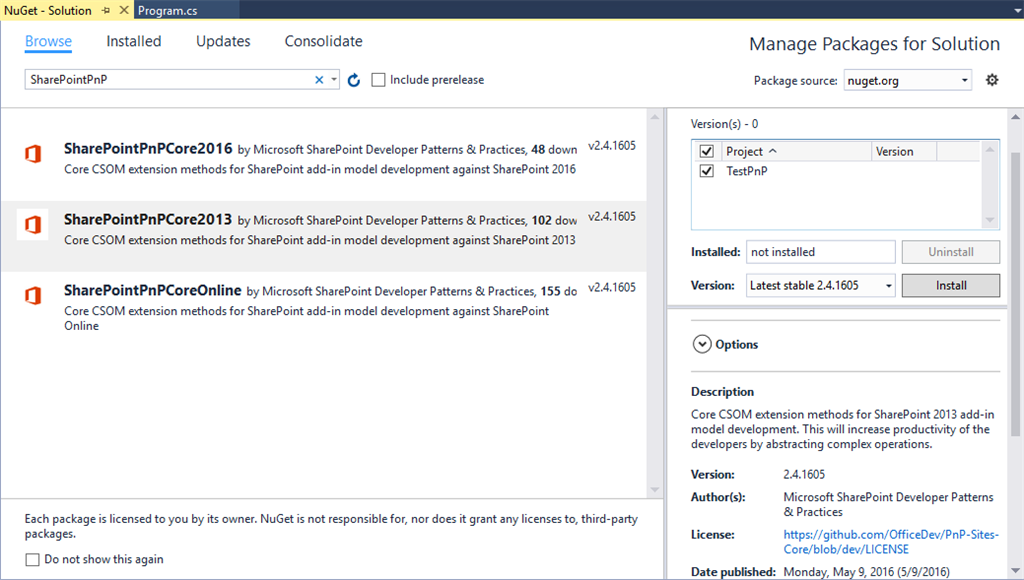 Nuget - Solution Window