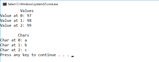 internal unsafe class Program {     private static void Main() {         unsafe {             int * arr = stackalloc int[3];             arr[0] = 97;             arr[1] = 98;             arr[2] = 99;             Console.WriteLine("\t Values");             for (int i = 0; i <= 2; i++) {                 Console.WriteLine($ "Value at {i}: {arr[i]}");             }             Console.WriteLine("\n\tChars");             for (int i = 0; i <= 2; i++) {                 Console.WriteLine($ "Char at {i}: {(char)*(arr + i)}");             }          }      } }