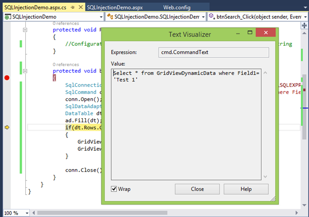 Showing SQL Command text