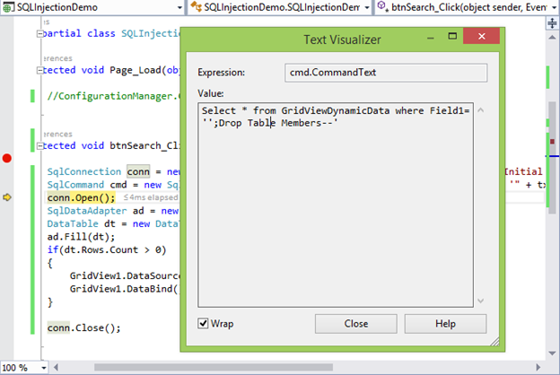Showing SQL Command text