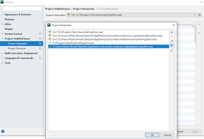 Selection of Python interpreter in PyCharm.