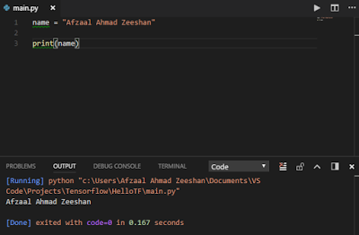 Code execution in Visual Studio Code.