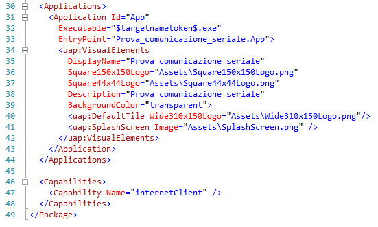 Applications and Capabilities section of Package.appxmanifest file