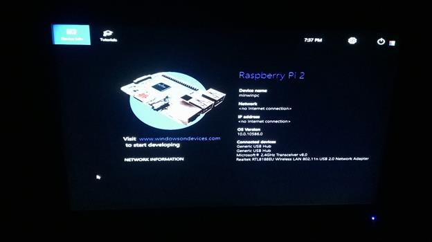 screen of Windows 10 IoT Core