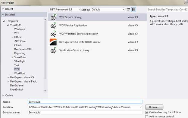 WCF Library Creation Screen